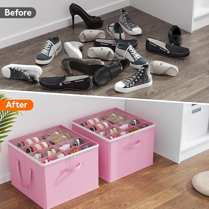 Lifewit Shoe Storage Organizer for Closet Fits 12-16 Pairs, Fabric Large Shoe Box Storage Containers with Clear Cover, Foldable Bins Fit for Boots Heels Sneakers 17"(L) x 17"(W) x 12.5"(H) 2 Pack Pink