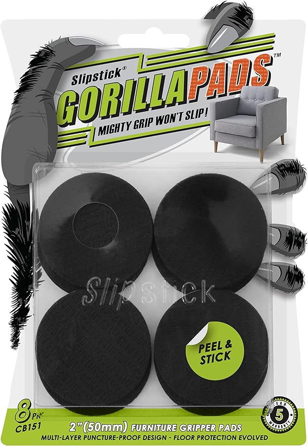 Slipstick GorillaPads Non Slip Furniture Pads/Gripper Floor Protectors (Set of 8) 2 Inch Round Self Adhesive Rubber Stoppers for Furniture Legs, CB151