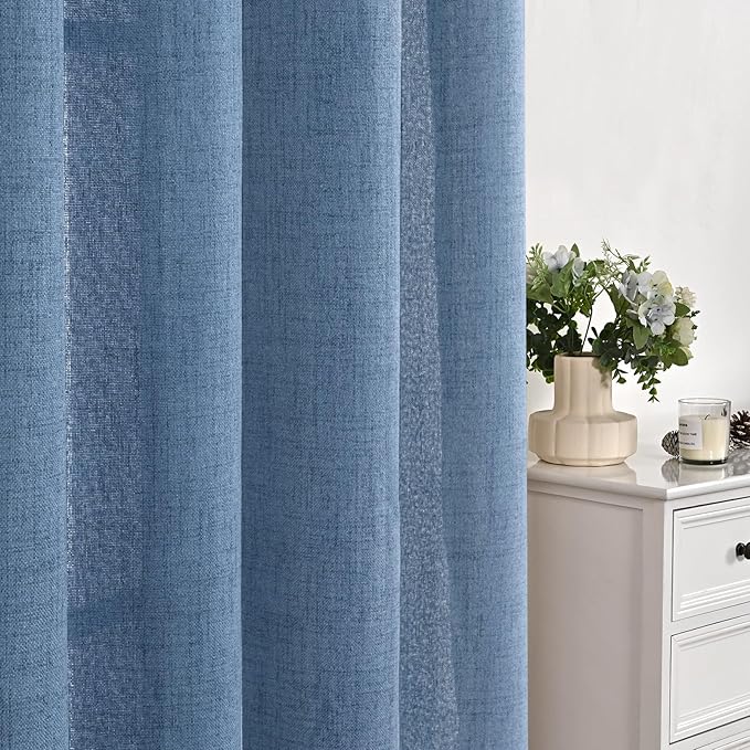 YoungsTex Denim Blue Linen Curtains 54 Inch Length for Short Windows, Semi Sheer Drapes Light Filtering with Rod Pocket Back Tab for Living Room Kitchen Bathroom, 2 Panels, 42 X 54 Inch