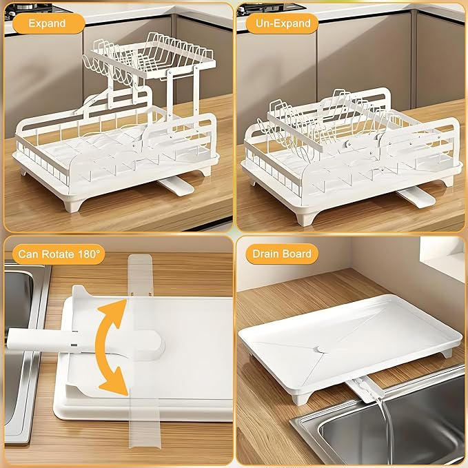 Dish Drying Rack Large 2 Tier Carbon Steel Dish Rack for Kitchen Counter,2-Tier Kitchen Organizers and Storage Rack with Drainboard and Cutlery Holder,Black, Folds Storage