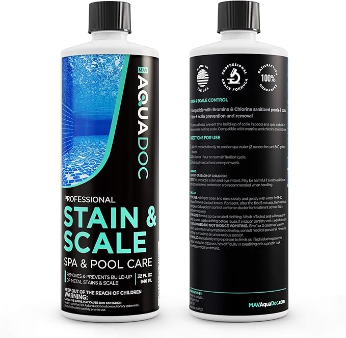 Spa Stain and Scale Control for Hot Tubs, Scale Metal & Stain Control for Hot Tubs, Prevent & Remove Stains in Hot Tubs with Our Hot Tub Water Softener & Spa Descaler Chemical - AquaDoc 32oz