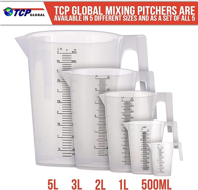TCP Global 2 Liter (2000ml) Plastic Graduated Measuring and Mixing Pitcher (Pack of 4) - Holds Over 2 Quarts (64oz) - Pouring Cup, Measure & Mix Paint, Resin, Epoxy, Kitchen Cooking Baking Ingredients