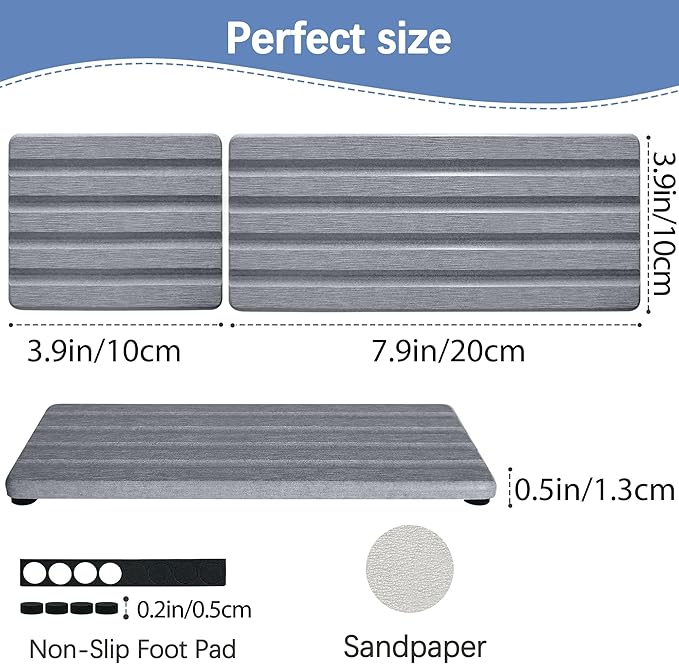 Set of 3 Diatomite Hand Soap Holder, Water Absorbing Stone Tray for Kitchen Countertop, Fast-Drying Bathroom Trays(1pcs 20 x 10cm + 2pcs 10 x 10cm Grey)