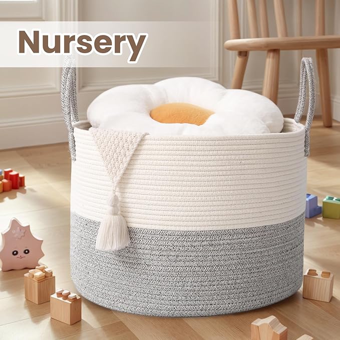 Woven Blanket Basket,115L Large Rope Storage Bin with Handles, Organizer for Blankets Toys Book and Clothes, Laundry Basket for Living Room Bedroom Nursery,White&Grey
