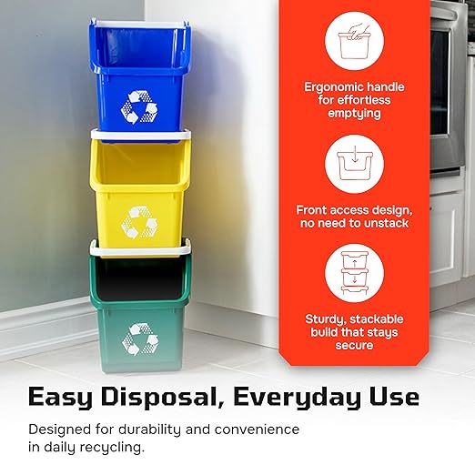 Multi Bin Recycling System with Six Stackable 6 Gallon Recycle Bins to Build Your Recycling Center for Offices, Kitchen, Garages, Businesses (6 Pack, Blue/Green)