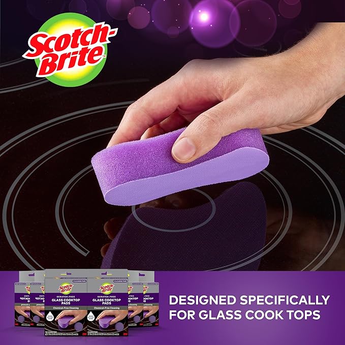 Scotch-Brite Glass Cooktop Pads, Scratch-Free & Non-Abrasive Scrubbers for Glass or Ceramic Stovetops, Cleans Burnt-On Messes with Just Water, Reusable Dishwasher-Safe Design (12 Pads)