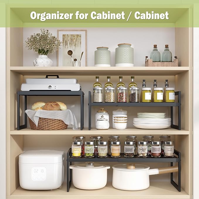 DOLALIKE Expandable kitchen Countertop Organizer, Stackable Cabinet Shelf Organizers, Space Saving Spice Rack Pantry Storage for Bathroom Office (Black, 1 Pack)