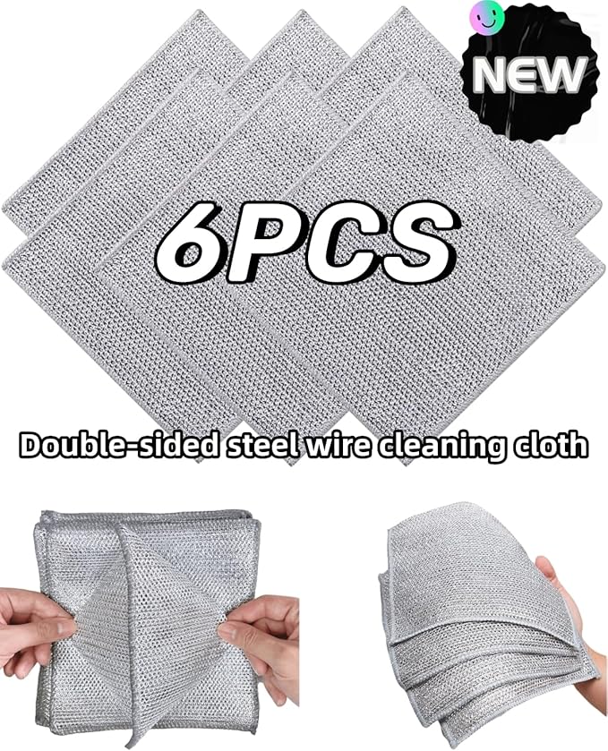 Stainless Steel Scrubber and Cleaning Rags - Non Scratch Wire Dishcloth for Washing Dishes, Steel Wool Scrubber and Dish Towels for Kitchen (6PCS)