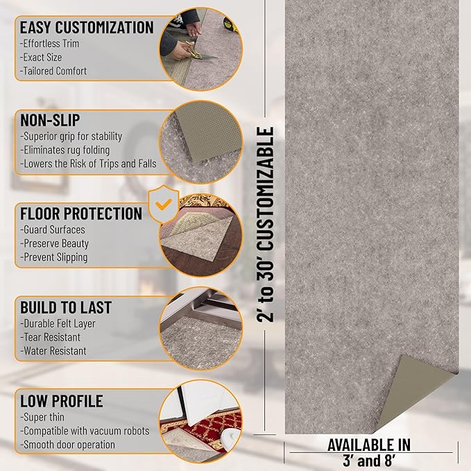 Ottomanson 3' x 5' Non-Slip Rug Pad Gripper 1/4 Inch Thick Dual Surface Felt + Rubber Gripper - Safe for All Floors, Brown