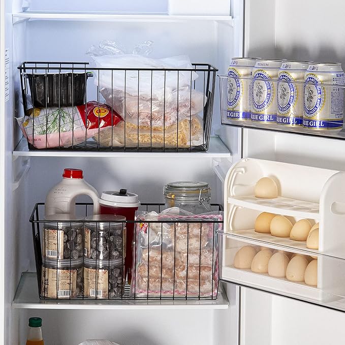 Freezer Organizer Bins, Upright Freezer Baskets for 16, 17, 21 cu.ft Standup Freezer, Durable Freezer Organizer Fully Use Space Improve Air Circulate, 3Pcs, Black