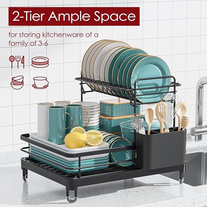 Dish Drying Rack - X-Large Stainless Steel Dish Rack for Kitchen Counter, 2-Tier Kitchen Organizers and Storage for Dishes, Bowls, Cutlery, Black