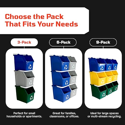 Multi Recycling Bin System with Three Stacking 6 Gallon Bins with Carrying Handles, Stackable and Compact for Offices, Homes, Garages, Businesses - (Green, 3 Pack)