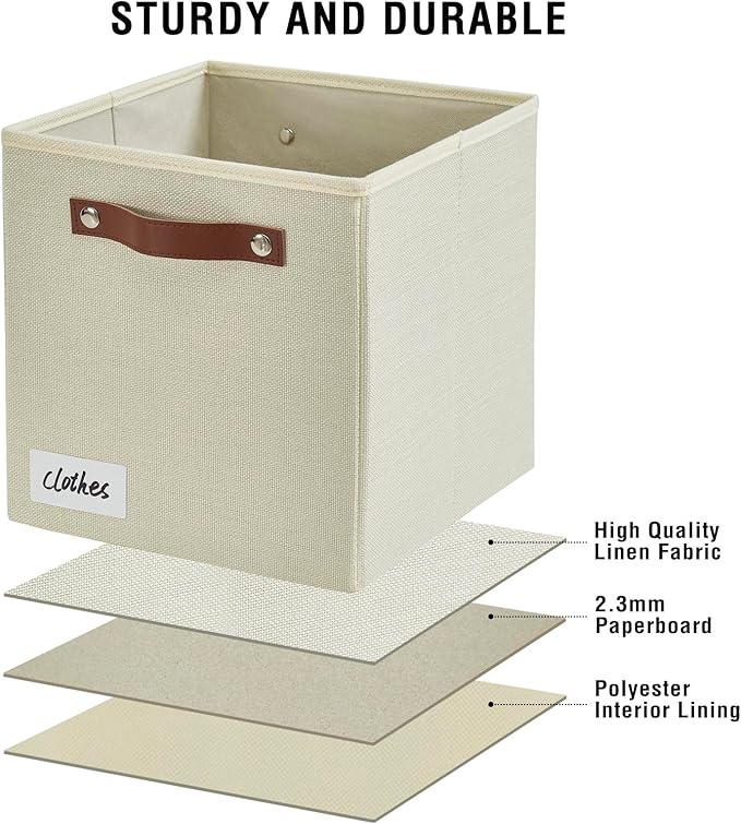 Collapsible Fabric Storage Cube Bins with 2 Reinforced PU Handles, Foldable Storage Organizer Baskets for Closet, Shelves, Living Room | 11"x11"x11", 4 Pack, Full Beige