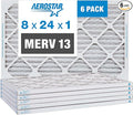 Aerostar 8x24x1 MERV 13 Pleated Air Filter, AC Furnace Air Filter, 6 Pack (Actual Size: 8" x 24" x 1")