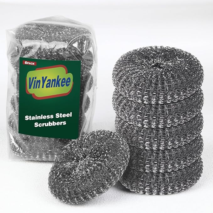 6PCS Steel Wool Scrubber Wire Sponge Set, Barbecue Grill Cleaning Scrubber Pads, Stainless Steel Scrubber Replacement for Scouring Messes from Cast Iron, Pots, Pans, Grill, Stoves, Sink (6 Pads)