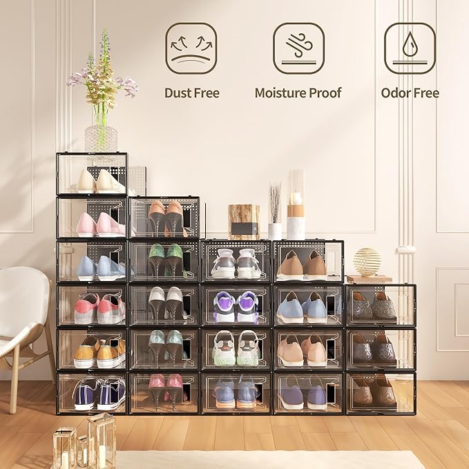 Secret Space 12 Pack XXX Large Shoe Organizer Storage Boxes for Closet, Modular Space Saving Shoe Boxes Clear Plastic Stackable Sneaker Containers Display Case with Lids, Black05