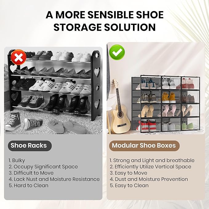 12 Pack XXX-Large Modular Clear Plastic Stackable Shoe Storage Organizer for Closet, Space Saving Versatile Sneaker Shoe Rack Containers Bins Holders, Portable Closet Organizers and Storage, Black