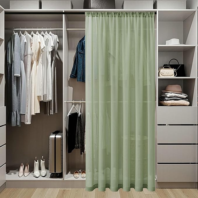 Tollpiz Short Sheer Door Curtains Closet Linen Textured Curtains Sheer Doorway Light Filtering Voile Patio Door Rod Pocket Curtain French Door, 54 x 40 inches Long, Sage Green, Set of 1 Panel