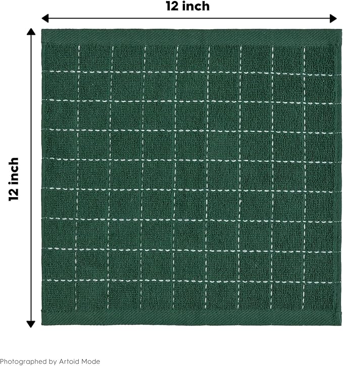 Artoid Mode Checkered Designed Cotton Grey Black Green Terry Kitchen Dish Cloths, 12x12 Inch Soft Absorbent Quick Drying Kitchen Rags Set of 6