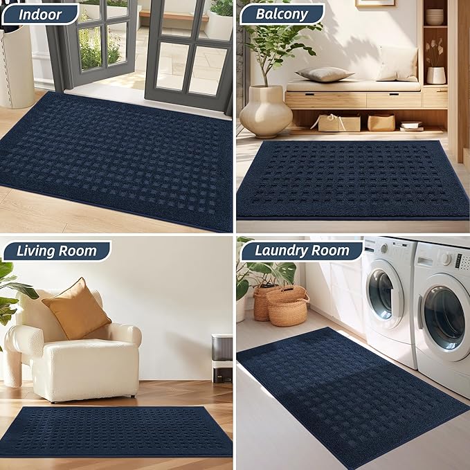 BEQHAUSE Waffle Door Mats Indoor 36"x60", Dog Mat for Muddy Paws Absorbent and Dirt Resist Floor Mats Non-Slip Washable Rugs for Entryway, Welcome Mat for Front Back Door, Muddy Wet Shoes, Navy Blue