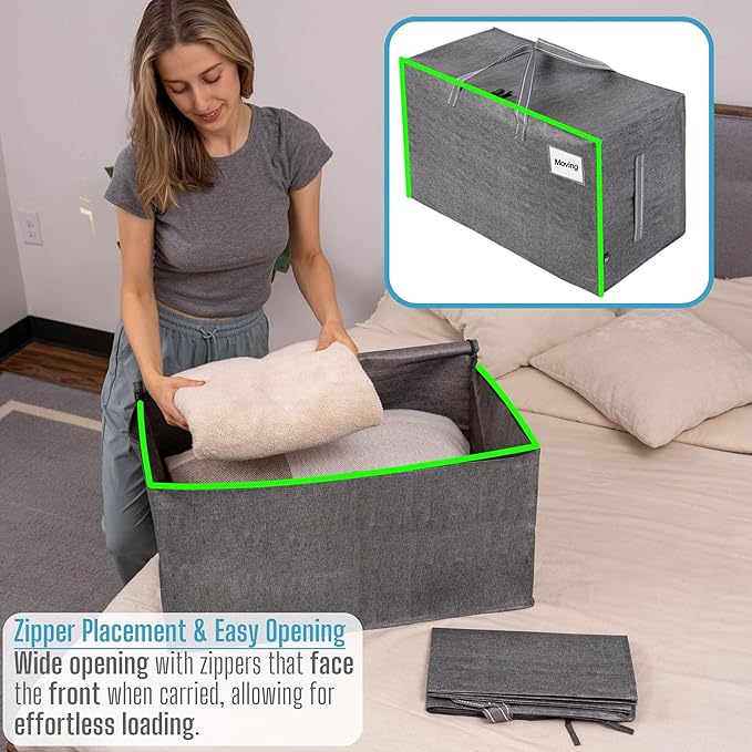 VENO 2 Pack Moving and Storage Bags, Heavy Duty, Alternative to Moving Boxes, Large Packing Totes Supplies for College Dorm Room with Zipper for Clothes, Wide Open Design (Dark Gray, 2 Pack)