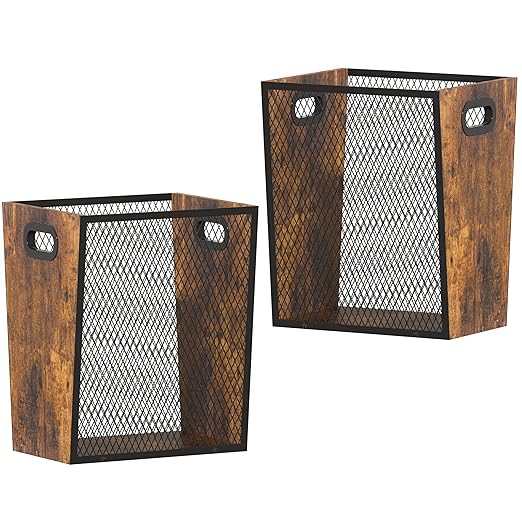 Piskyet Rustic Office Trash Can for Near Desk,7 Gallon Unique Wood Bedroom Garbage Can,Vintage Wastebasket with Handle, Decorative Trash Can for Home Office,2pack 12.2"L x 9.6"W x 14.9"H,Rustic Brown