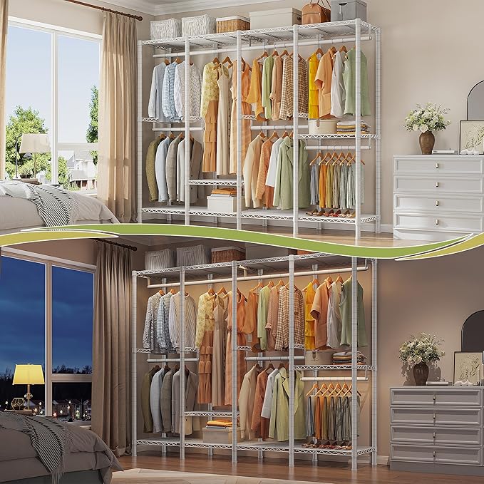 Raybee Heavy Duty Clothes Rack for Hanging Clothes,Clothing Rack with Shelves, Adjustable,76" W x 77" H x 18" D,Max Load 1150lbs,White