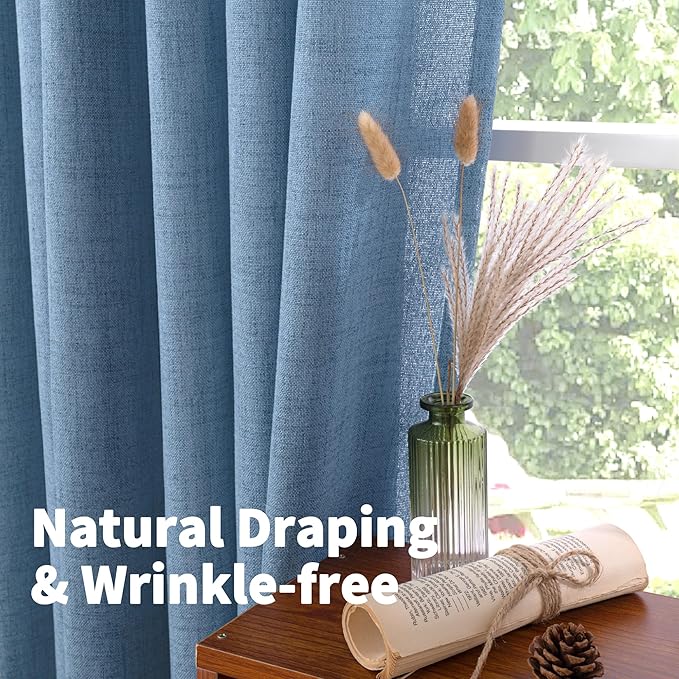 YoungsTex Denim Blue Linen Curtains 36 Inch Length for Kitchen Cafe Window, Small Half Window Drapes with Rod Pocket Back Tab Light Filtering for Bathroom, 2 Panels, 30 X 36 Inch
