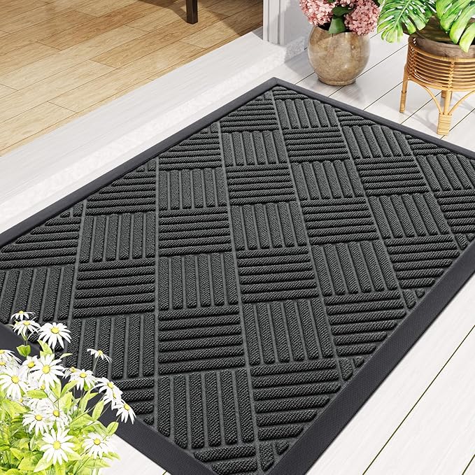 Smiry Front Door Mat Outside Entrance, Heavy Duty Outdoor Indoor Natural Rubber Doormat, Non Slip, Trap Dirt and Moisture, Easy Clean, Low Profile Patio Porch Entryway Mat, 47x32, Black