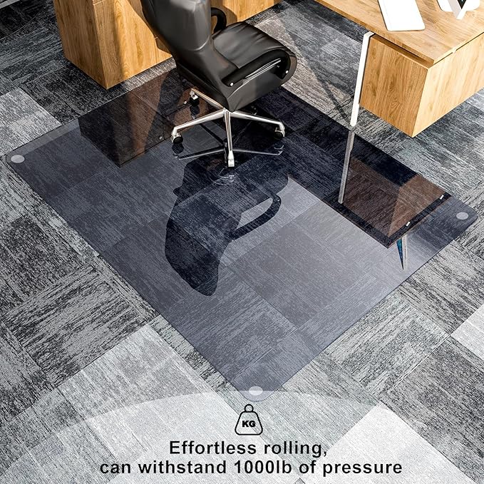 GLSLAND Office Chair Mat, 36" x 46" Grey Tempered Glass Floor Mat for Office Chair on Carpet, 1/6" Thick Computer Floor Mat with 4 Anti-Slip Pads