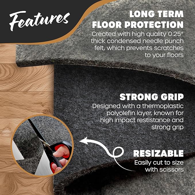 Nevlers 4'x6' Felt TPO Non Slip Rug Pad | 1/4" Thick Anti Slip Rug Grips | Carpet Pads Non Slip Design | Rug Gripper for Tile Floors | Rug Gripper for Hardwood Floors | Customizable Non Slip Rug Pads