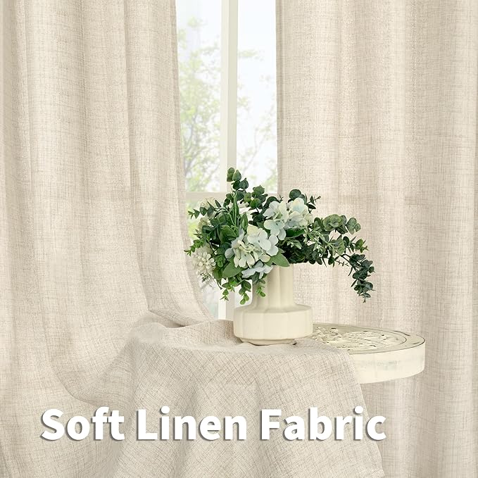 YoungsTex Linen Curtains 45 Inch Length for Kitchen Window, Cream Short Semi Sheer Drapes with Rod Pocket Back Tab Light Filtering Textured for Living Room Bedroom Bathroom, 2 Panels, 42 X 45 Inch