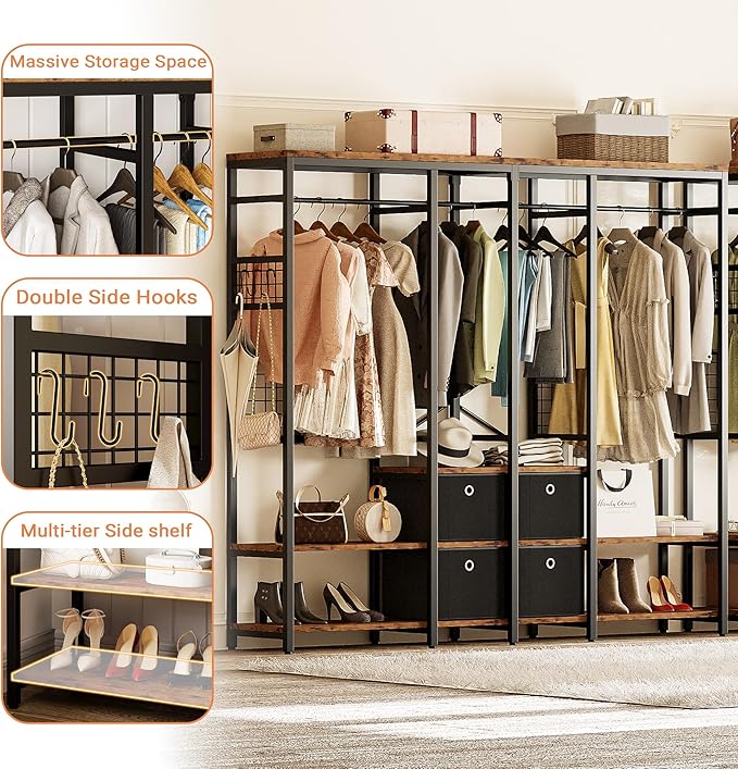 IRONCK Garment Racks with Shelves 4 Drawers and 8 Hooks Heavy Duty Closet Organizer for Hanging Clothes, Freestanding Closet Wardrobe Rack, Vintage Brown