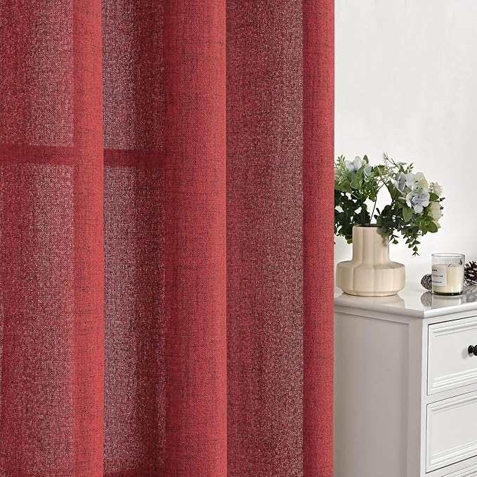 YoungsTex Red Linen Curtains 48 Inch Length for Kitchen, Short Semi Sheer Window Drapes with Rod Pocket Back Tab Light Filtering for Christmas Living Room Bedroom Bathroom, 2 Panels, 42 X 48 Inch