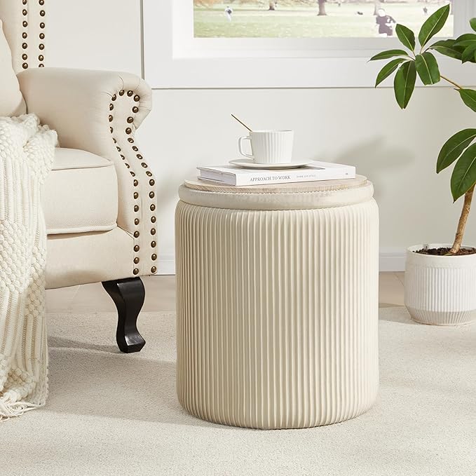 Round Ottoman with Storage Set of 2,Vanity Stool with Storage for Bedroom, Ottoman Coffee Table,Small Velvet Foot Stool for Living Room, Beige