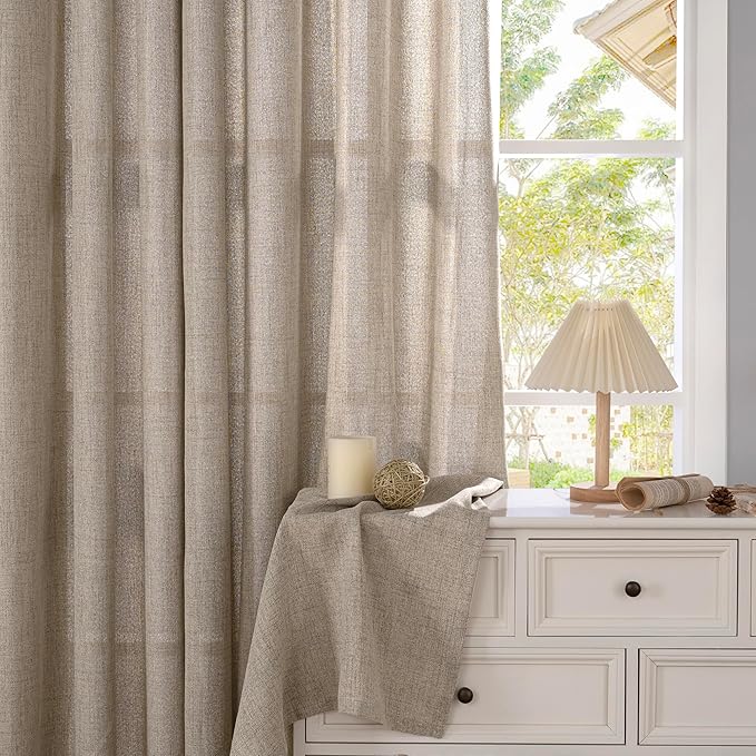 YoungsTex Short Linen Curtains 40 Inch Length for Kitchen Windows Over Sink, Small Drapes with Rod Pocket Back Tab Semi Sheer Light Filtering for Cafe Bathroom, 2 Panels, Oatmeal, 30 X 40 Inch