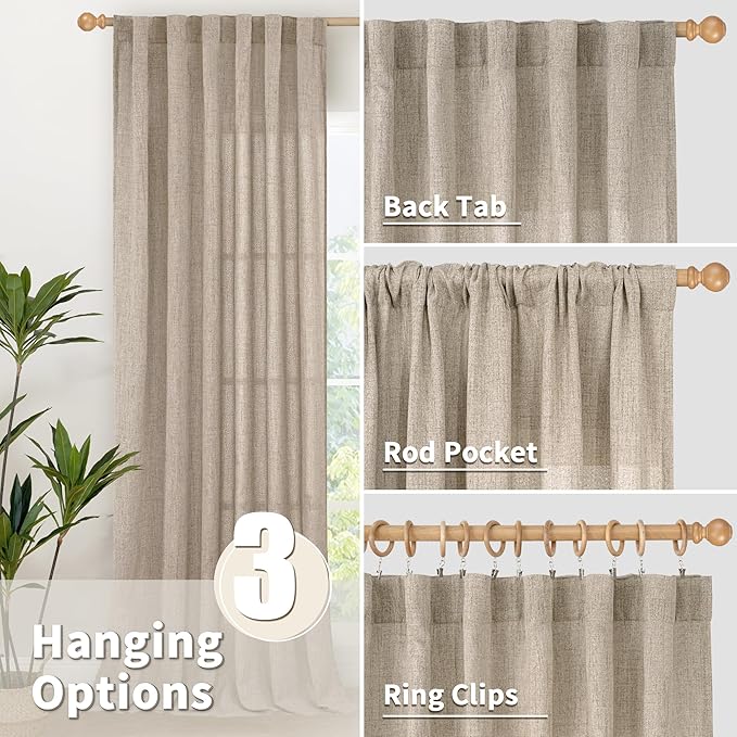 YoungsTex Short Linen Curtains 40 Inch Length for Kitchen Windows Over Sink, Small Drapes with Rod Pocket Back Tab Semi Sheer Light Filtering for Cafe Bathroom, 2 Panels, Oatmeal, 30 X 40 Inch