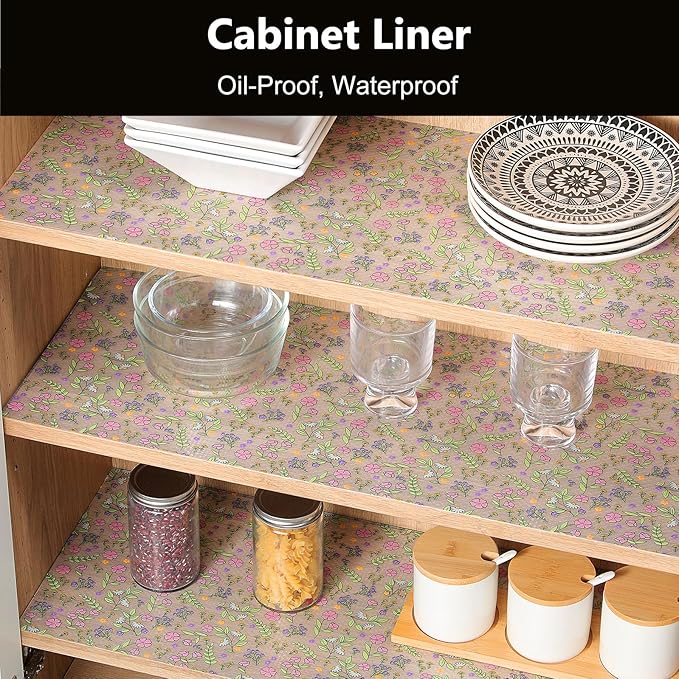 INNOLITES Non-Slip Shelf Liner – Cabinet & Drawer Liner Non-Adhesive – Waterproof Oil-Proof – Durable EVA with Floral for Kitchen Cabinets Refrigerator – BPA-Free, Easy to Cut 17.7" x 360"