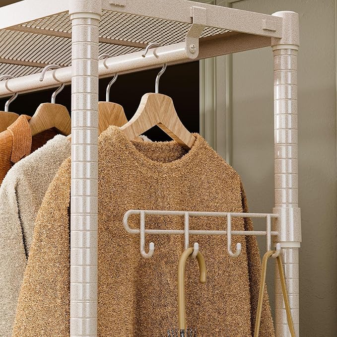 IZEUK Heavy Duty Rolling Garment Rack Wire Clothes Rack for Hanging Clothes, Metal Freestanding Closet Wardrobe Rack 3-Tier Clothing Rack with Wooden Boards Gold 17.7" D x 33.5" W x 70.3" H