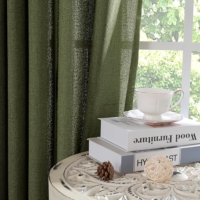 YoungsTex Olive Green Linen Curtains for Living Room 84 Inch Length, Semi Sheer Drapes with Rod Pocket Back Tab Light Filtering Window Treatments for Bedroom Farmhouse, 2 Panels, 52 X 84 Inch