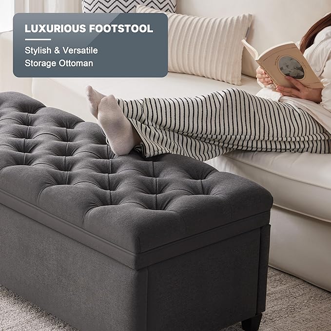 50" Storage Ottoman Bench, Tufted Ottoman with Storage for Living Room, Large End of Bed Ottomans, Modern Entryway Benchs, Window & Bedroom Benches for Foot of Bed (Darkgray)