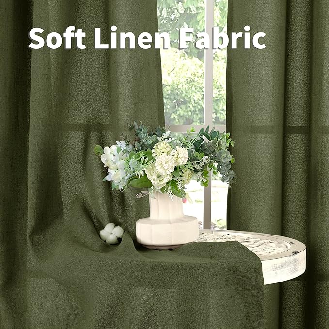 YoungsTex Olive Green Linen Curtains 63 Inch Length for Living Room, Light Filtering Textured Drapes with Rod Pocket/Back Tab Semi Sheer Window Treamtments for Bedroom, 2 Panels, 52 X 63 Inch