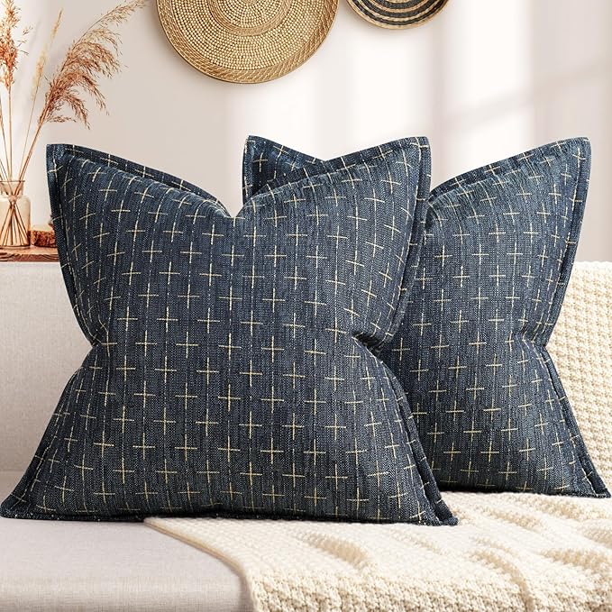 ZWJD Pillow Covers 16x16 Set of 2 Soft Polyester Textured Pillow Covers with Stylish Flange Edge Cozy Farmhouse Throw Pillows for Couch Bed Sofa Living Room