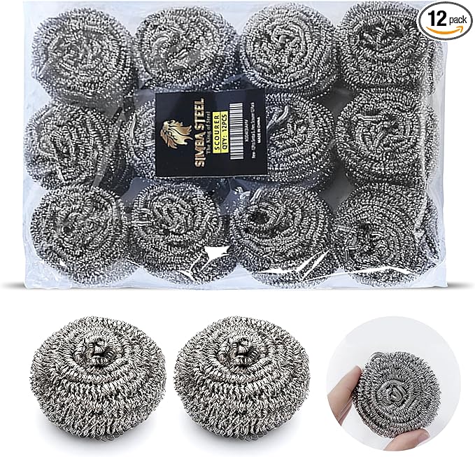 12Pcs Simba Stainless Steel Wool Scrubber Pads for Cleaning Pans, Pots, Dishes, Ovens, Grills, Sinks, Bathroom and Kitchen, Scourer 12 Pack