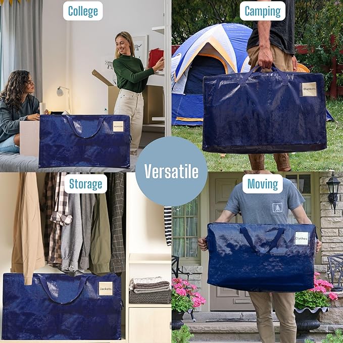 VENO 8 Pack Moving and Storage Bags, Heavy Duty, Alternative to Moving Boxes, Large Packing Totes Supplies for College Dorm Room with Zipper for Clothes, Wide Open Design (Blue, 8 Pack)