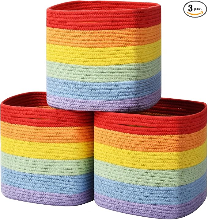3 Pack Storage Cubes 11 Inch Cotton Rope Woven Baskets for Organizing Cube Bin Square Shelves Organizer,Classroom,Kids Toy Bins,Closet,Baby Nursery(Rainbow)