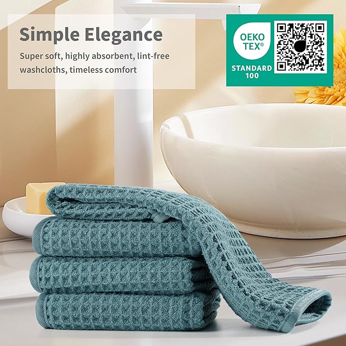 Microfiber Waffle Face Towels, 2 Pieces, Soft, Absorbent, Fast Drying, Lint Free (Green)