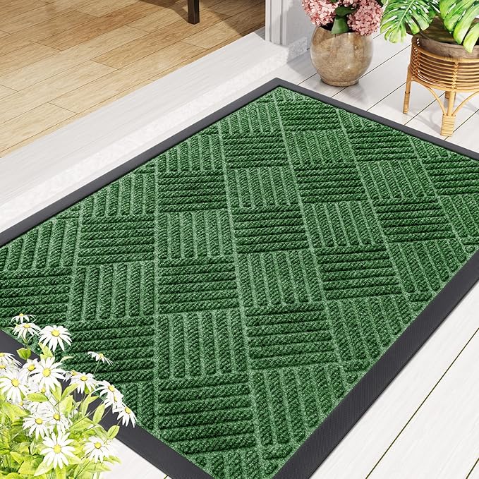 Smiry Front Door Mat Outside Entrance, Heavy Duty Outdoor Indoor Natural Rubber Doormat, Non Slip, Trap Dirt and Moisture, Easy Clean, Low Profile Patio Porch Entryway Mat, 29.5x17, Green