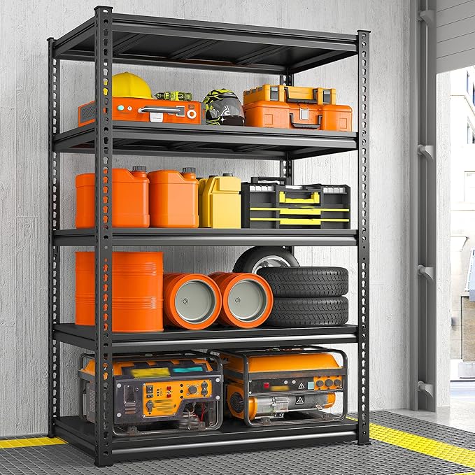 REIBII 72" H Garage Shelving Load 2500 LBS, Heavy Duty Storage Shelves, 5-Tier Adjustable Garage Shelves for Warehouse, Basement, 72" H x36 W x18 D, Black