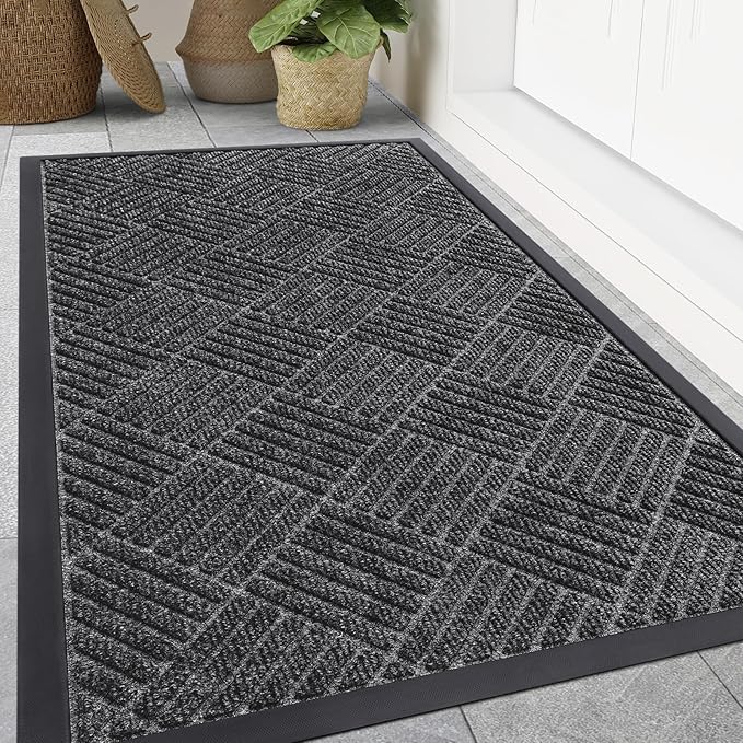 Smiry Front Door Mat Outside Entrance, Heavy Duty Outdoor Indoor Mat, Natural Rubber Doormat, Non Slip, Trap Dirt and Moisture, Easy Clean, Low Profile Patio Porch Entryway Mat, 59x35, Light Grey